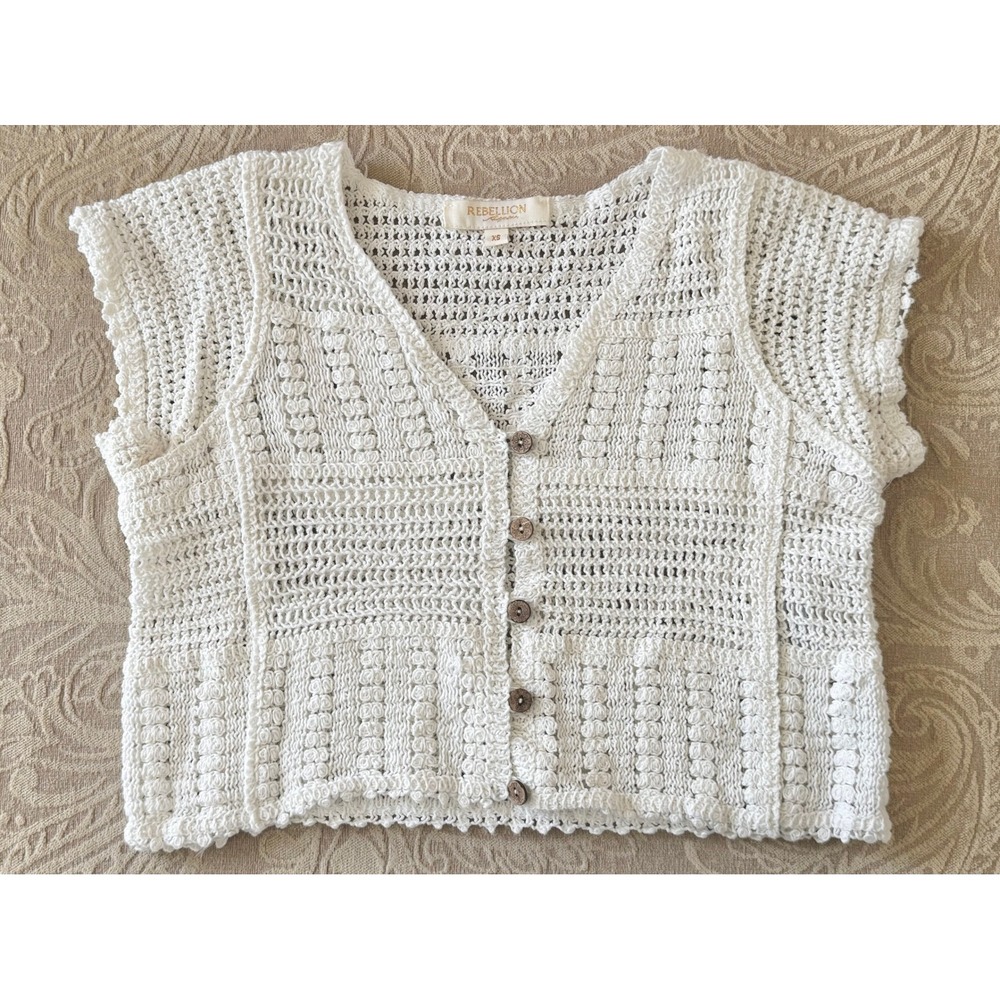 Crocheted Crop Cardigan Top XS White Cotton Button Cap Sleeve Cottagecore Boho